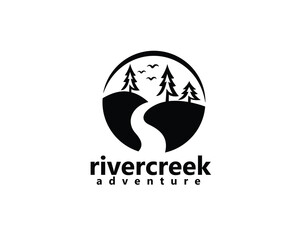 creative river logo, river and three pine trees with flying birds, logo design template