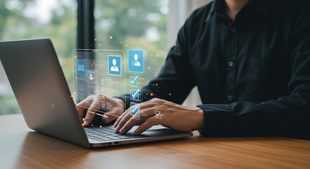 Businessman Reviewing Digital Resume with Holographic Checklist Interface. AI Resume Screening and Digital Job Application Process Concept