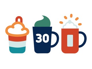 Photo of three cups of hot drinks isolated on white background