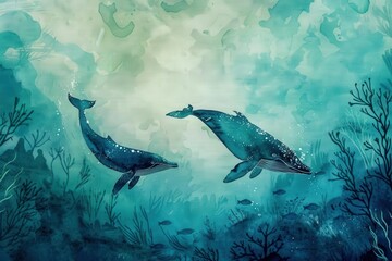handdrawn ocean conservation scene whales and coral reef watercolor blues and greens .