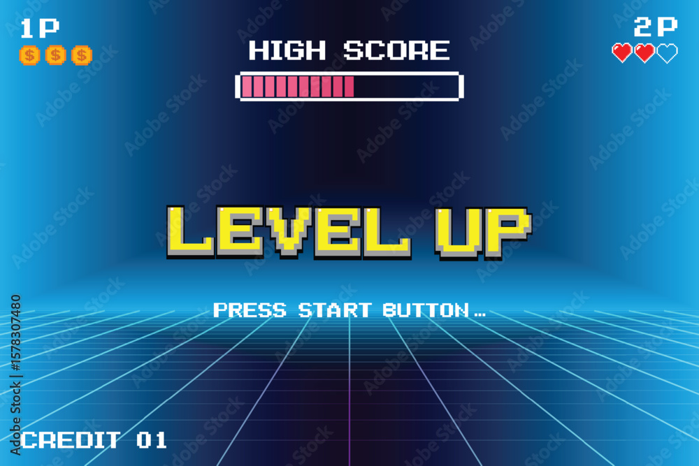 Poster level up. press start button. pixel art .8 bit game. retro game. for game assets in vector illustrat