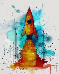 handdrawn startup growth chart with rocket ascending watercolor textures .