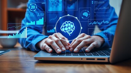 Person typing on laptop with futuristic data displays technology