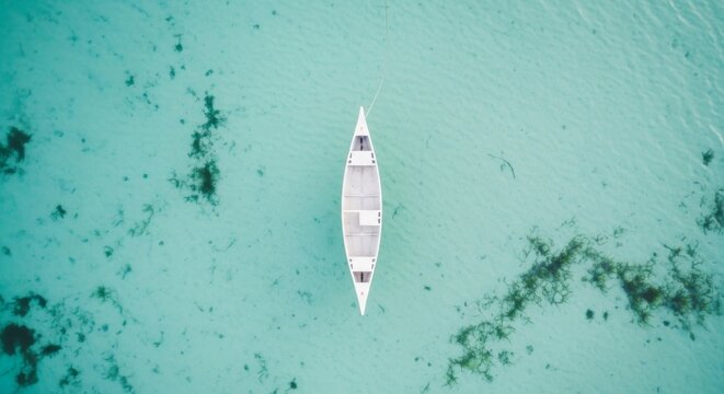 Aerial canoe in clear turquoise water