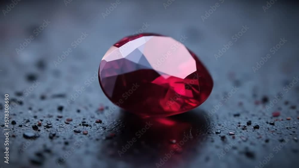 Poster close up of a red ruby gemstone on a dark surface with sparkling details