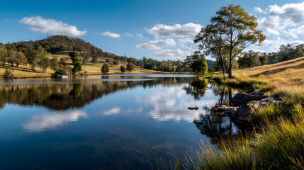 Fototapeta premium Tranquil Lake in Australian Bushland Reflecting Azure Sky and Scattered Clouds on a Sunny Day, Surrounded by Golden Hills