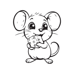 Cartoon vector illustration of a cute mouse eating cheese with adorable facial expression isolated on white background