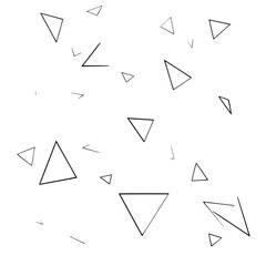Scattered triangles and lines in a random arrangement on a white background creating a simple pattern