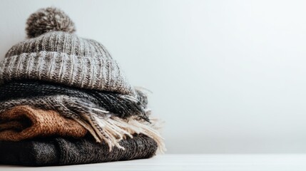 Warm winter clothes of hat and scarf and sweater neatly stacked on minimalist light background, banner with copy space 
