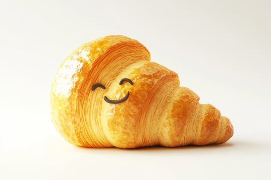 A happy, golden-brown croissant rests on a white background, its smiling face adding a playful touch.