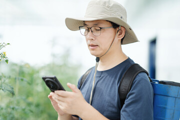 asian male farmer working in greenhouse