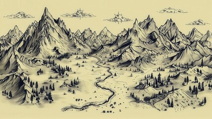 handdrawn trail map with mountains and rivers ink .