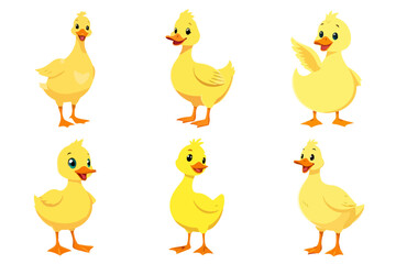 Set of Cute Cartoon Yellow Duckling Characters in Various Poses Simple Farm Animal Baby Birds Illustration Collection