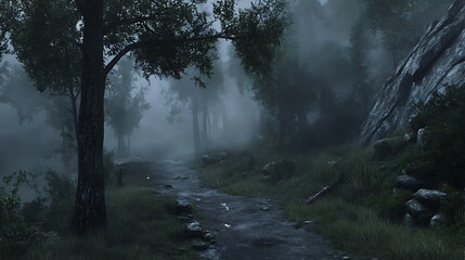 Misty forest path