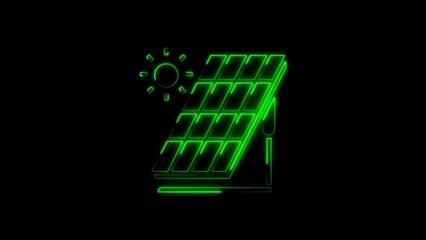 Green neon solar panel and sun icon illustrating renewable energy and environment
