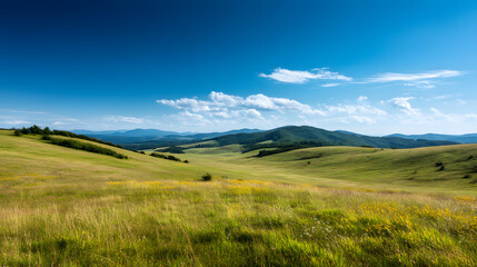 Fototapeta premium Expansive Vista of Verdant Rolling Hills and Distant Mountains Under a Clear Blue Sky with Fluffy White Clouds on a Sunny Day