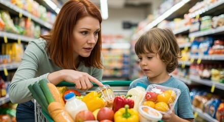 Mother and child shopping for healthy food