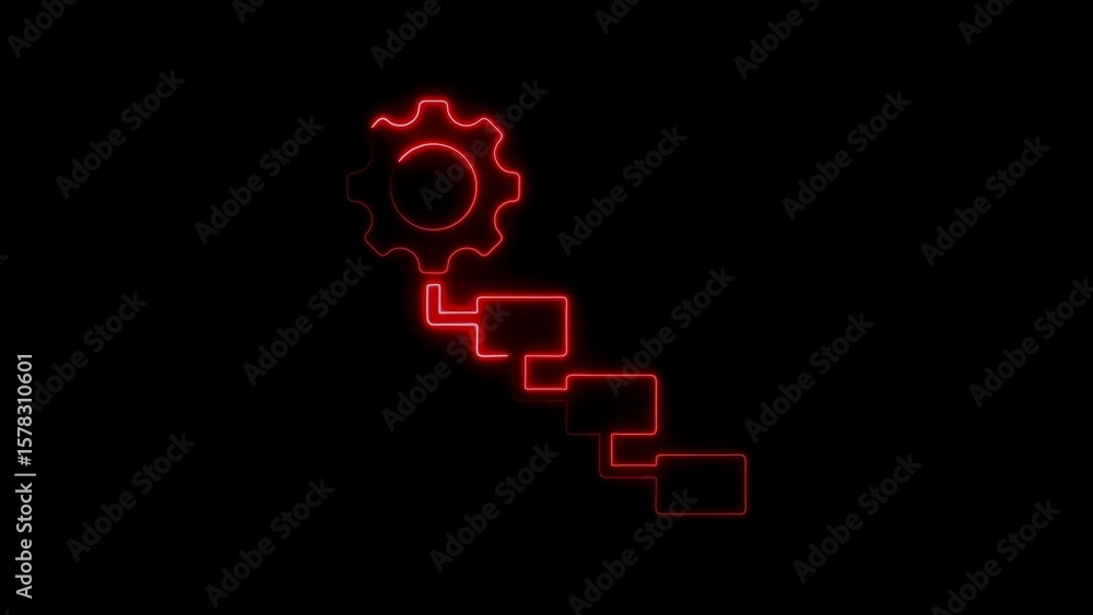 Aufkleber digital workflow visualization with gear and process steps illustrated in red neon style