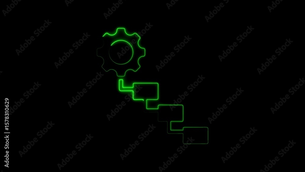Poster gear and process flow chart illustration demonstrating workflow stages in a digital design