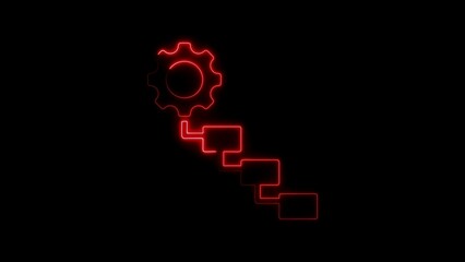 Digital workflow visualization with gear and process steps illustrated in red neon style