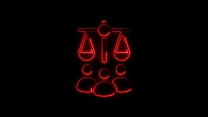 Neon silhouette of justice scales and community depicting legal and social concepts