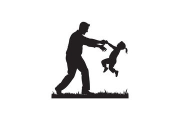 Silhouette of a father playing with his daughter swinging her in the air on a grassy field symbolizing family love and joyful moments together