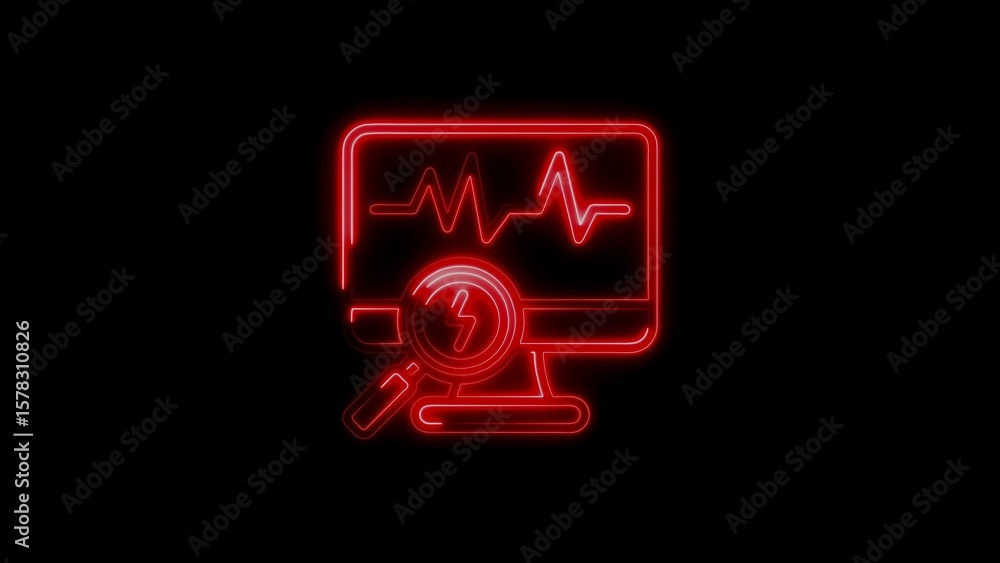 Poster red neon icon of diagnostic computer screen displaying vital signs analysis
