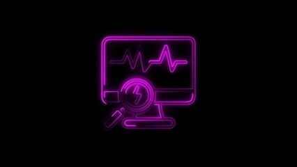 Neon purple diagnostic monitor with magnifying glass and electric pulse display