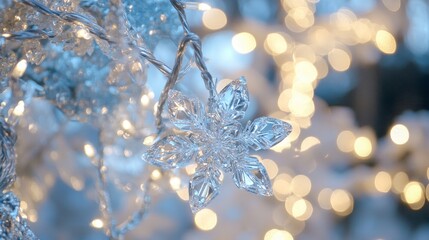 Ice crystals refracting fairy lights cool blue and silver palette no holidayspecific symbols