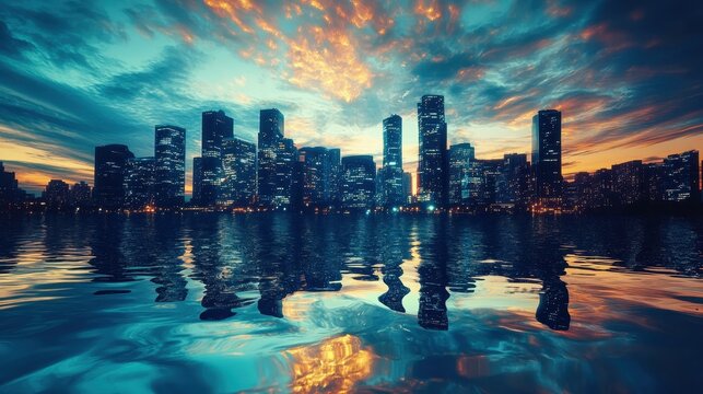 inverted city skyline under ocean