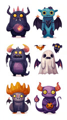 A set of 6 Halloween creatures, ghost, ghouls in a moody colour palette