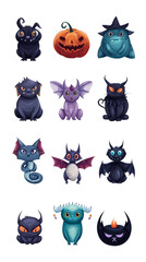 Little creepy monster icons, Halloween decorations, dark aesthetic for children's designs