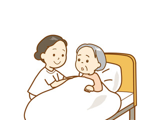 病室で、不安を訴えるおばあちゃん、話しかけて安心を与える看護師