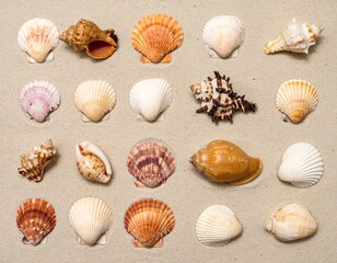 Collection of various seashells arranged neatly on sandy background, natural light
