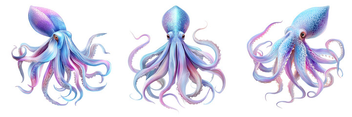 Vibrant, fantasy-style squid illustrations in soft blues, purples, and pinks with elegant, flowing tentacles