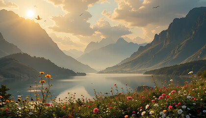Golden Hour Nature Landscape with Mountains, Lake, and Wildflowers