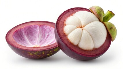 Halved Mangosteen Fruit on White Background Showing Purple Rind and White Flesh
