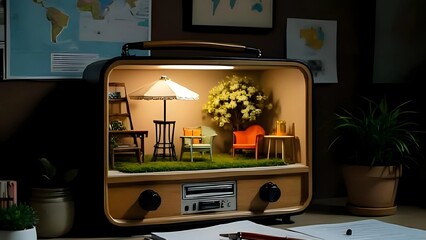 Surreal Miniature World Inside Vintage Radio – Tiny Room with Stairs and Garden, Desk Diorama"