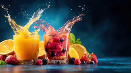 Two glasses, one filled with orange juice and the other with berry-infused water, splash with fresh fruit around on a vibrant blue background.