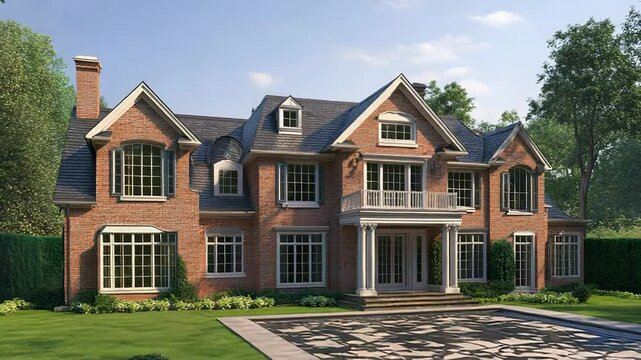 Large brick house with slate roof and landscaped garden featuring patio and pool
