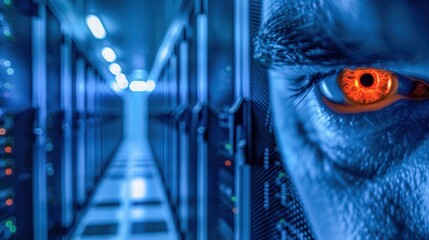 infrared overlay of hacker infiltrating government server room hidden in shadow on glowing eyes .