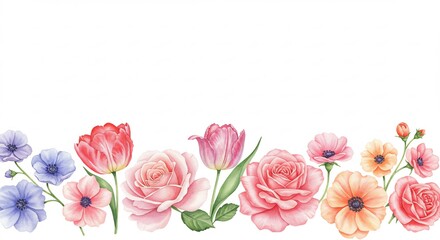 Zachte aquarel bloemenrand pastelkleuren bloeit vrolijk. AI Generated