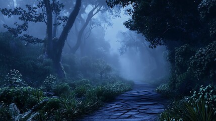 Misty forest path at night