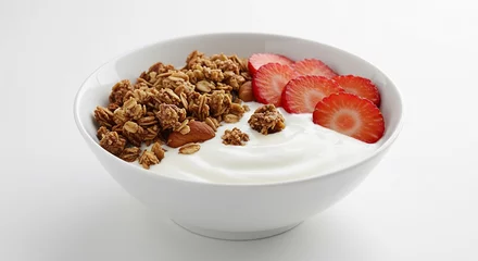 Blickdichte Vorhänge Heerlijke yoghurt met granola en aardbeien frisse ochtendlicht. AI Generated © Lucas