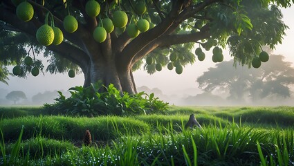 Standing big tree with hanging fruit and green grass field
