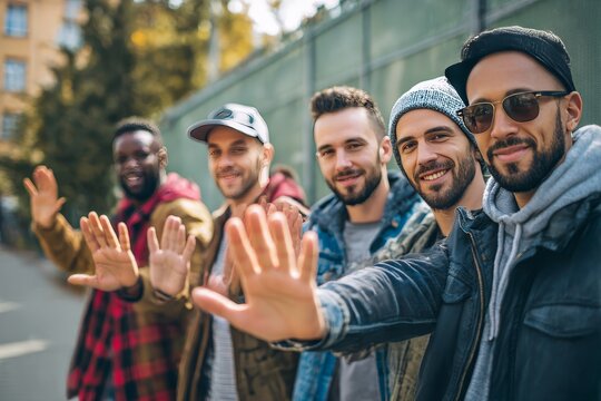 group of men giving side hand wave friendly and casual gesture streetwear fashion outdoor urban area