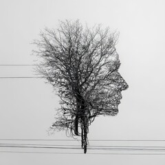 head silhouette made of trees and wires symbolizing organic logic