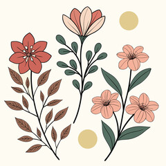 Three Floral Branches Pink Peach Brown Leaves Beige Circles