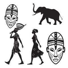 African tribal masks and figures with elephant silhouette