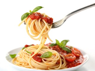 Delicious spaghetti pasta with tomato sauce and fresh basil on a fork